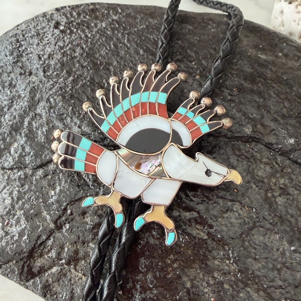 Vintage Charlotte Dishta Zuni Multi Stone Eagle Bolo - Picture 2 of 11